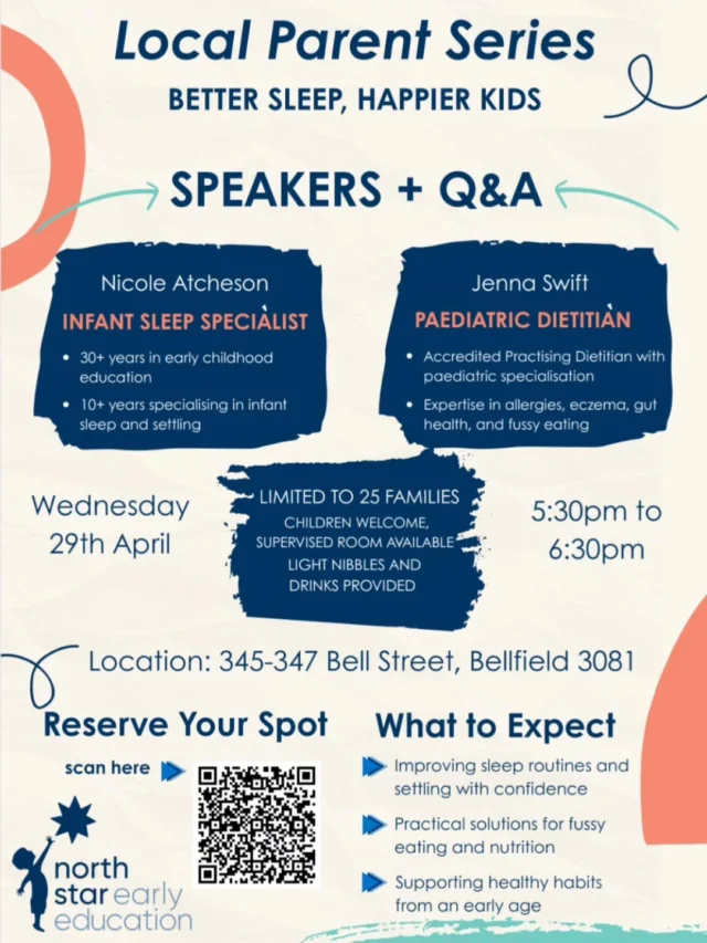 We're bringing together two incredible local experts for an evening just for our special Bellfield community. 

Join us on Wednesday 29th April from 5:30pm for our Local Parent Series- featuring infant sleep specialist Nicole Atcheson and paediatric dietitian Jenna Swift for a relaxed evening of real talk, practical tips, and your questions answered.

Whether you're navigating sleep struggles, fussy eating, or just want to feel more confident, this one's for you.

✨ Limited to 25 families
👶 Children welcome- supervised room available
🥂 Light nibbles & drinks provided

Reserve your spot via the QR code or link below:

https://www.eventbrite.com/e/local-parent-series-better-sleep-happier-kids-tickets-1986504316887?aff=oddtdtcreator