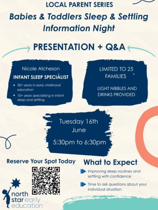 While you're enjoying your long weekend, put this in your calendars!

We are excited to announce that will be hosting a babies and toddler, sleep and settling information night at our Wallan centre, and would love to welcome families in our local community to the event!

The session will be hosted by Nicole Atcheson, who is an infant and sleep specialist.

- Tuesday 16th June
- 5.30pm-6.30pm.

The event is free, however the tickets are limited to 25 families.

Please register using the link below or QR code:
https://www.trybooking.com/DMMDH

If you have any questions surrounding the event, please call 03 8518 5885.