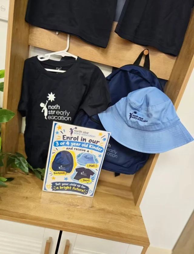 Starting kinder is a big step, so we like to make it a little extra special. 🌟

Every child who enrols in our 3 or 4 year old Kinder program at North Star receives their very own kinder pack, completely free of charge:

🎒 A North Star backpack
👒 A sun-smart bucket hat
👕 A North Star shirt

It's our way of welcoming your little one into the North Star family and helping them feel ready, proud and excited for the year ahead.

Kinder enrolments are now open across Mernda, Bellfield and Wallan. Give us a call or send us a message to book a tour.