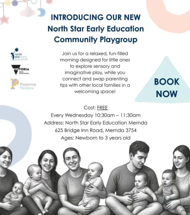 Introducing our new Community Playgroup at North Star Mernda! 

Calling all Mernda families with little ones! Join us every Wednesday for a relaxed, fun-filled morning of sensory and imaginative play,  while you connect with other local parents and carers over a coffee and a chat.

✨ Cost: FREE
🗓️ Every Wednesday, 10:30am – 11:30am
📍 625 Bridge Inn Road, Mernda
🍼 Ages: Newborn to 3 years old

Whether you're a first-time parent or an old hand, this is your chance to build community, swap tips, and let your little one explore in a warm, welcoming space.

Proudly supported by Playgroup Victoria.

Spots are limited - book your free spot via the link below.

👉 https://www.trybooking.com/events/landing/1620919